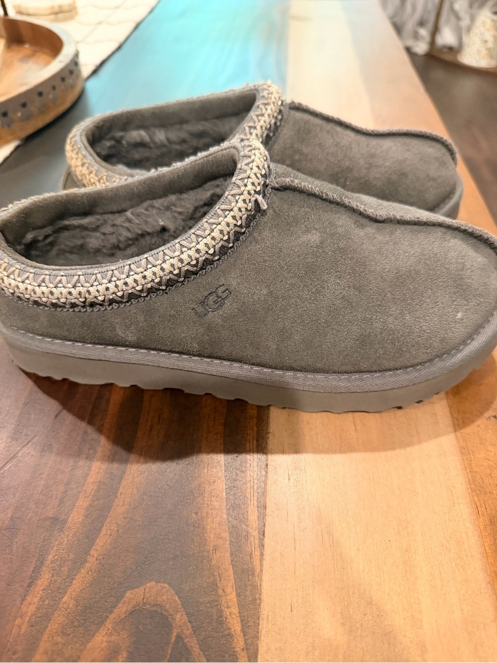 UGG Tasman suede slippers in a grey colorway